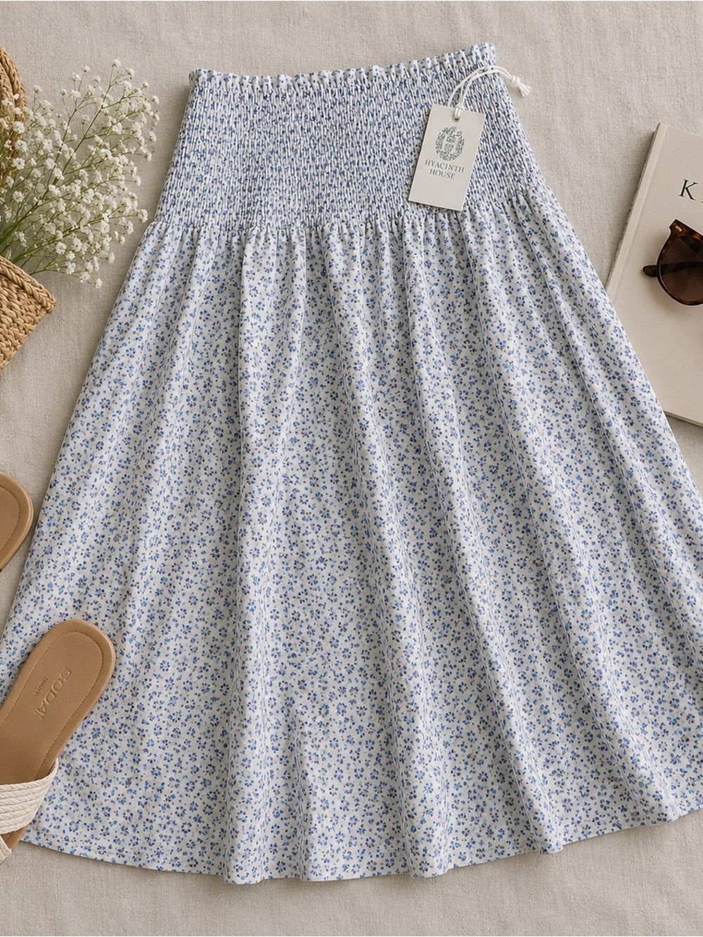 Hyacinth House Blue Floral Smocked Midi Skirt Medium Cottagecore NWT